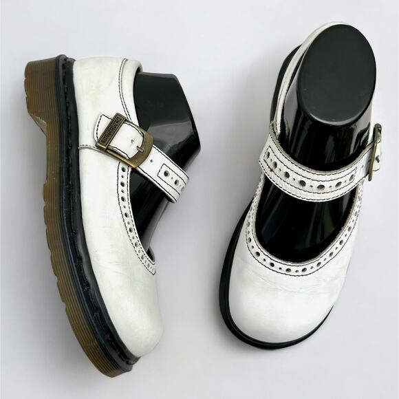 Dr. Martens Shoes - Vintage Dr. Martens MIE UK5 White Genuine Leather Brogue Mary Janes Buckle Strap
